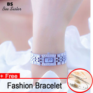 【พร้อมสร้อยข้อมือฟรี】Bs Bee Sister FA1670ขายร้อนแฟชั่นผู้หญิงนาฬิกา Casual สายสแตนเลสสแควร์รูปร่างควอตซ์นาฬิกากันน้ำสุภาพสตรี Elegant Diamond Rhinestone นาฬิกาข้อมือของขวัญสำหรับผู้หญิง