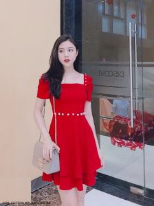 Mydu shop | MS 2349 – Đầm thun cổ vuông kết ngọc lai bèo xoè tay loe thanh lịch