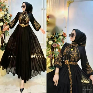 Gamis Bordir Mewah Timbul Elmira Dres Ceruty Babydoll Full Puring Apk Bordir M L XL XXL 3XL Resleting Depan Busui Friendly Dress Kondangan Wanita Elegan Jumbo Kekinian