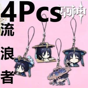 4Pcs/Set Cartoon Game Mobile Phone Lanyard Wanderer Kabukimono Balladeer Scaramouche Kunikuzushi Hat Guy Phone Straps Keychain Bags Pendant For Girls Gift