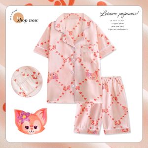 ชุดนอนผ้าซาติน เสื้อผ้าสาวๆ ชุดนอนเด็กผู้หญิง ลายการ์ตูนน่ารัก เสื้อแขนสั้น+กางเกงขาสั้น Satin pajamas【Hippobaby20】