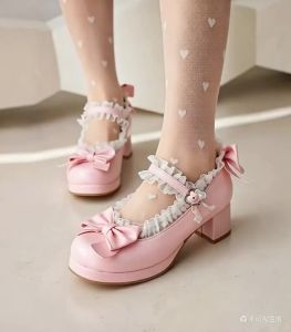 Woman Med Heel Lolita Shoes Patent Leather Cute Bow Mary Jane Pumps Bride Wedding Cosplay Party Red Pink Black Green Size 31-43