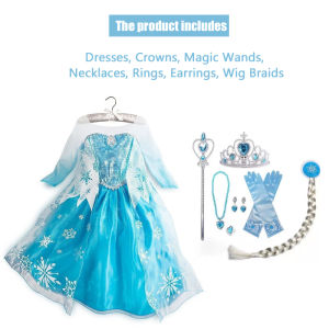 Frozen Elza Dress Girls Snow Queen Cosplay Dress With Necklace Crown Wig Braid Accessories Set For Kids Girl Frozen Princess Dress