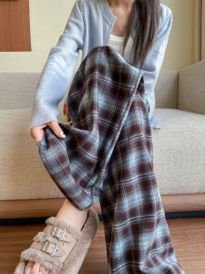 Free Size Women Long Pants Plaid Wide Leg Trousers Loose Soft Waist Casual Pants Seluar Panjang Longgar Perempuan Wanita