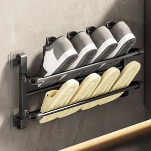 MMLUCK Wall Mounted Hanging Shoe Storage Shelf Drill-Free Double Layer Folding Slippers Rack Simple Reusable Bathroom Shoe Rack Kitchen