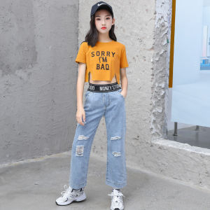 Setelan Anak Perempuan Import Crop variasi Sorry Im Bad Jeans Karet Kulot Ripped Kekinian