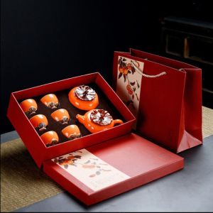 Bộ ấm chén trà quả hồng chất liệu sứ cao cấp màu cam xinh xắn dùng để pha trà quà tặng bạn bè người thân