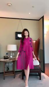 Women Pleated Plus Size Dress Lapel Print Loose Plump Slimming Single-Breasted #Rs20238003