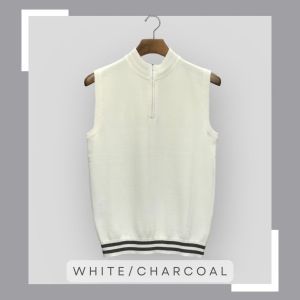 เสื้อกั๊กชาย เสื้อแขนกุดคอซิป สีขาว/เทาชาร์โคล เสื้อกั๊กชาย Kselect_knitwear sweatshirt cotton จัดส่งเร็ว