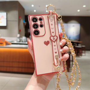 เคสโทรศัพท์มีลายหัวใจเคลือบอเนกประสงค์แบบ3-In-1A53หัวใจ Samsung กาแล็คซี่สามารถถอดออกได้ดีไซน์ Tali Bahu A55 A35 A54 A34 S24Ultra มาพร้อมกับสายรัดข้อมือ