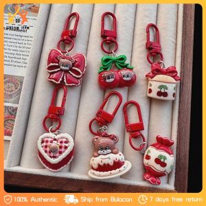 Retro Red Love Heart Berries Cartoon Keychain Cute Bear Cherry Bell Pendant Bow Style Best Friend Accessories