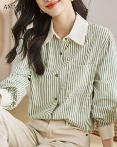 Ammin 2023 thiết kế mới dáng rộng dài tay peplum Áo voan sọc xanh lá cho phụ nữ