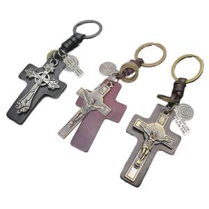 Thủ công chất liệu da PU cây thánh giá Christian Keychain Tôn Giáo Mặt dây chuyền vòng đeo chìa khoá cho kiểu Punk cho nam hợp kim kẽm Móc treo chìa khóa