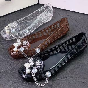 Korean version of the new sandals silver bear bone flower accessories crystal transparent square head sandals jelly shoes