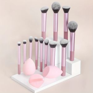 12-Piece Classic Full Makeup Brush Set with Angled and Teardrop Blenders 1 Powder Puff - Professional Application Tools Nylon