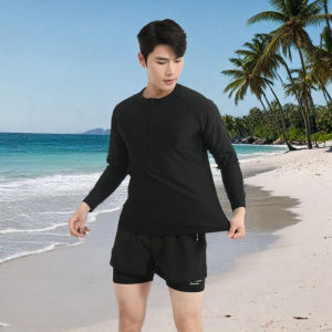 SURF READY STOCK Long-sleeved zipper Plus Size Men Swimming Suit Men Large Swimwear Men Plus Baju Mandi Lelaki Baju Renang Lelaki 泳衣男