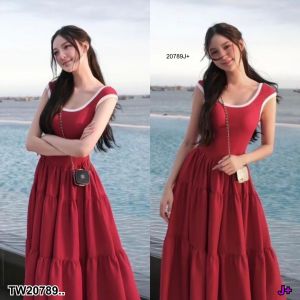 TW20789 เดรสยาว กุ้นรอบคอรอบแขน กระโปรงชั้น ..