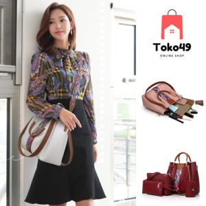 100% Import 4 in 1 Set Tas Wanita Shoulder Bag Hand Ruby Bag Tas Selempang Bahu untuk Kerja Acara Formal Serbaguna - FTS981