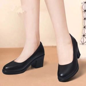 Black leather shoes for women elegant school shoes round toe chunky doll shoes