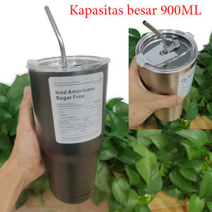 Cangkir Termos Portabel 600Ml Cangkir Kopi Baja Tahan Karat 304 Botol Air Anti Bocor Terisolasi dengan Set Minuman Termos Sedotan (Gratis Sedotan)