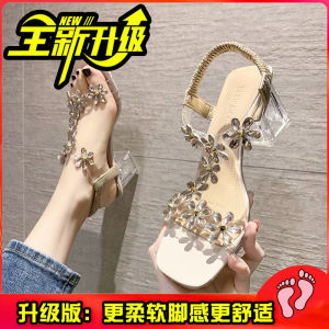 LJWater Diamond Sandals Womens Summer Crystal Chunky Heel Fashion Medium Heel Fairy Style Transparent High Heels Korean Version