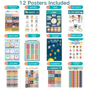 Phanqy 12Pcs Kids Educational Wall Chart Posters for Kids Alphabet ABC Colors Shapes Fruits Numbers Animals