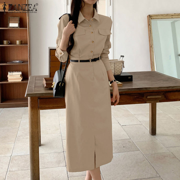 ZANZEA Korean Style Women Office Casual Long Sleeve Solid Midi Dress  Elegant Lapel Half-Button Shirtdress #1223 Regular Cutting Polyester Midi  Dress Black Khaki Cameo Solid Color Shirtdress - Lazada | Lazada PH