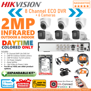 Hikvision 8Channel 2MP IR 6Cameras (3 Outdoor Bullet 3 Indoor Turret/Dome) 8CH DIY CCTV Package Kit NASHANTOO 8/6IRV2 ECO (optional HDD)