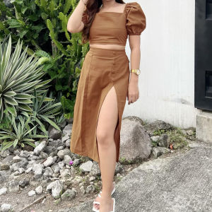 ZEALO Harmony Knot Puff Sleeves Crop Top and Midi Slit Skirt Terno Coordinates Set Material is Linen Free size Hot Pink Orange Royal Blue Avocado Olive Black Yellow Rust