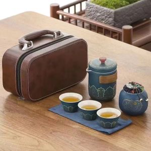 Bộ ấm chén pha trà du lịch kèm vali da sang trọng