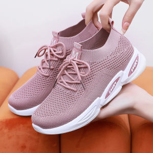 Womens Round Toe Casual Shoes Fly Knit Mesh Breathable Sports Shoes Ladies Lace-up Sneakers Black