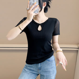 Yimei Áo thun lưới đàn hồi cỡ lỡn móng tay thủ công tay ngắn 2025 cho nữ xu hướng áo sơ mi bó sát đơn giản