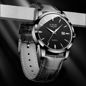 LIGE Original Quartz Watch Men Top Luxury Business Casual Calendar Waterproof Luminous Leather Watch Women + Box