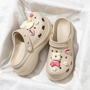 [Free Shipping] Thick-Soled High-Heeled Sandals For Women Perforated Shoes For Outdoor Wear Slip-On Beach Sandals Home Slippers WomenS Closed-Toe Slippers