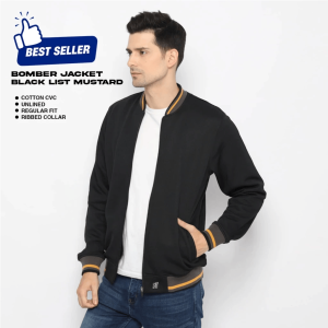 d&f CVC Jaket Pria Bomber With Mustard Strip - Hitam