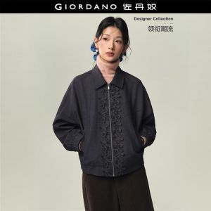 GIORDANO Women Jackets Lace Trim Zip Placket Denim-Like Jackets Turndown Collar Fashionable Casual Loose Jackets 18376206