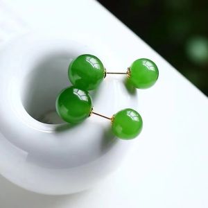 Montagne Jewelry 18k Pure Gold Fashion Design Fine Jewellery Natural 6+9mm Grade A Green Jade Earring Elegant Stud Earrings
