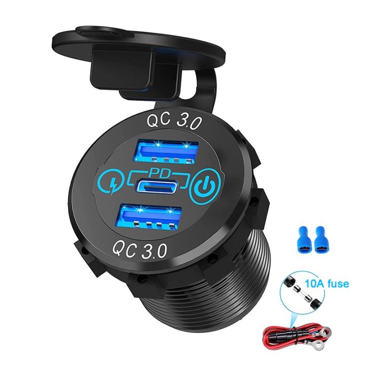 12V/24V Triple Aluminum Metal 60W USBC Multiple Car Charger Socket PD3