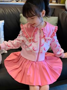 Váy bé gái len nhung áo gấu ôm trăng và chân váy xếp ly liền quần 8-30kg XHN1089