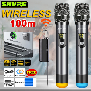 SHURE ไมโครโฟนไร้สาย ไมค์ลอยบลูทูธ ไมค์โครโฟน ไมค์ลอย คิดค่าใช้จ่าย UHF คุณภาพเสียงชัดเจนสุดๆ แกนไมโครโฟน HD ระยะรับ 100 เมตร เหมาะสำหรับการร้องเพลง KTV ของครอบครัว ไมลอยไร้สาย ไมลอยบลูทูธ Wireless Microphone