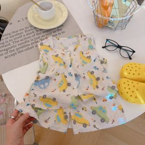 AILEBE Kids Pajamas Short Sleeve Top Pants Sleepwear Set Soft Lightweight Cool No Sweat Summer Pajama Cute Cartoon Prints Round Neck Loose Comfy Fit Pambahay Pantulog For Baby Boys Girls 0-10 Years