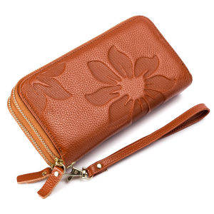 Genuine Cow Leather Women Double Zipper Long Wallet Large Capacity Ladies Purse Phone Bag Rfid Credit Cards Holder Money Clutch2026