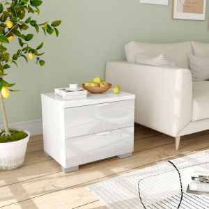 deTrend White High Gloss Nightstand with 2 Drawers Bedroom Small Dressing Table Height 43cm Living Room Storage Cabinet with Handles 8282