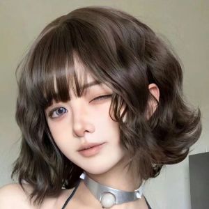 GUAIP Heat Resistant Fiber Short Wavy Wigs Blonde Brown Women Bob Wigs Cute Synthetic Wigs with Bangs Girls