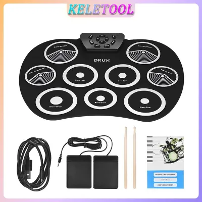 Portable electronic foldable roll up drum set practice mat with foot pedal and drum stick beginner digital drum set