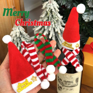 Mini Christmas Hat Wine Bottle Cover Santa Hat Scarf Set Felt Cloth Wine Bottle Decor Hat DIY Xmas Tree Table Decoration