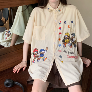 Kemeja Korduroi Wanita Kemeja Lengan Pendek Bordir Kartun Retro Atasan Kasual Longgar