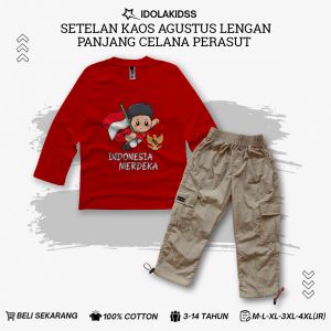 Setelan Kaos HUT RI 17 Agustus Lengan Panjang Celana Perasut Panjang Usia 3-14 Tahun