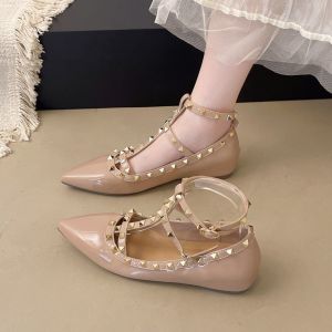 Free Shipping Stylish Layered Look One-Strap-Inspired Shallow-Toe Lace-Up Height-Increasing Small Pepper-Patterned Patent Leather Flats For Women