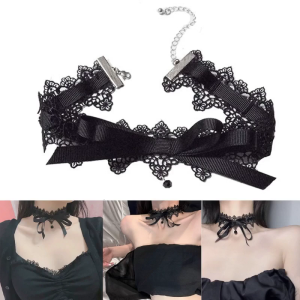 Black Lace Ribbon Collar Necklace Vintage Bow-Knot Choker Necklace Gothic Women Clavicle Chain Necklace